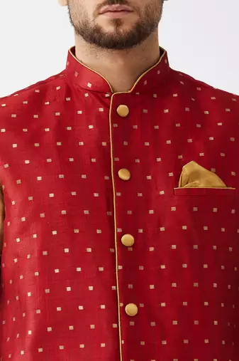 Rose Gold And Maroon Silk Blend Jacket, Kurta And Pyjama Set