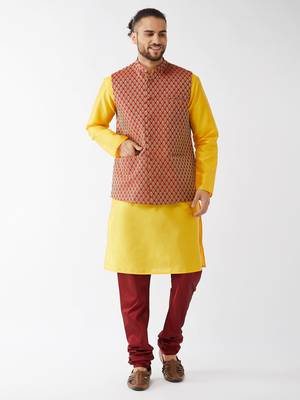 Yellow And Maroon Silk Blend Jacket, Kurta And Pyjama Set 1