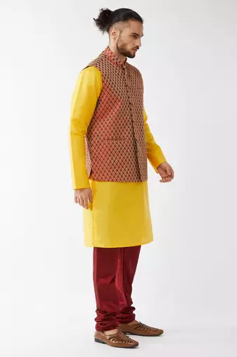 Yellow And Maroon Silk Blend Jacket, Kurta And Pyjama Set