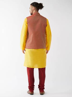 Yellow And Maroon Silk Blend Jacket, Kurta And Pyjama Set 3