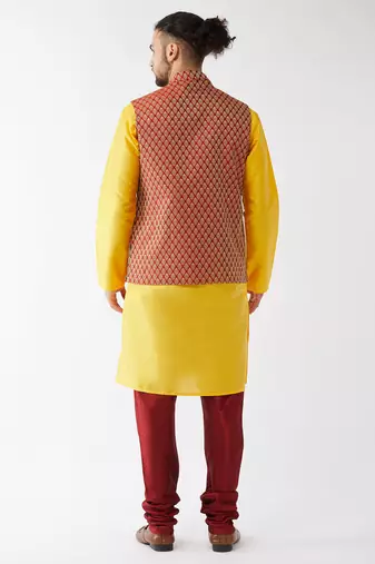 Yellow And Maroon Silk Blend Jacket, Kurta And Pyjama Set