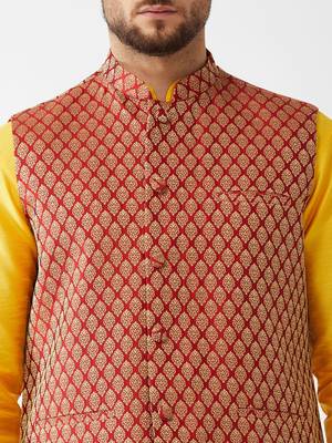 Yellow And Maroon Silk Blend Jacket, Kurta And Pyjama Set 4