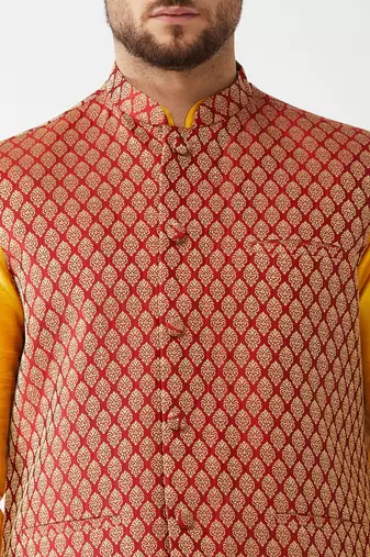Yellow And Maroon Silk Blend Jacket, Kurta And Pyjama Set