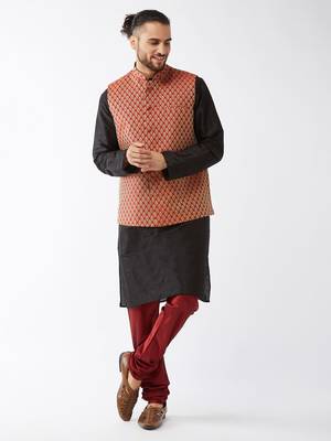 Black And Maroon Silk Blend Jacket, Kurta And Pyjama Set 1