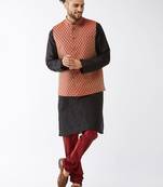 Black And Maroon Silk Blend Jacket, Kurta And Pyjama Set