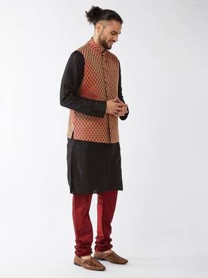 Black And Maroon Silk Blend Jacket, Kurta And Pyjama Set 2
