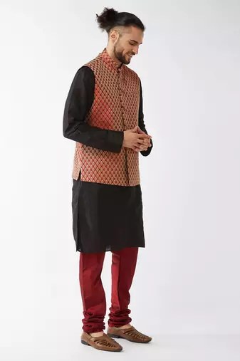 Black And Maroon Silk Blend Jacket, Kurta And Pyjama Set