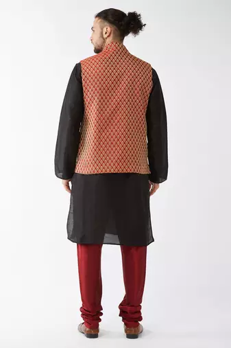 Black And Maroon Silk Blend Jacket, Kurta And Pyjama Set