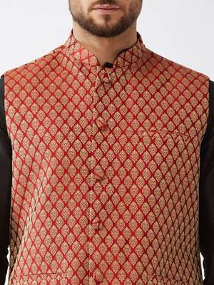Black And Maroon Silk Blend Jacket, Kurta And Pyjama Set 4
