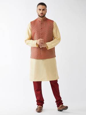 Gold And Maroon Silk Blend Jacket, Kurta And Pyjama Set 1