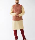Gold And Maroon Silk Blend Jacket, Kurta And Pyjama Set
