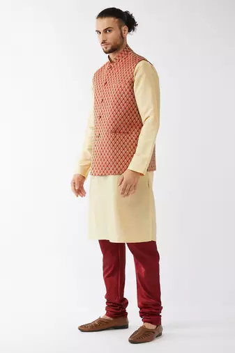 Gold And Maroon Silk Blend Jacket, Kurta And Pyjama Set