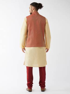 Gold And Maroon Silk Blend Jacket, Kurta And Pyjama Set 3