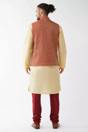 Gold And Maroon Silk Blend Jacket, Kurta And Pyjama Set