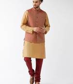 Rose Gold And Maroon Silk Blend Jacket, Kurta And Pyjama Set