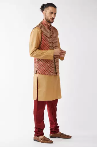 Rose Gold And Maroon Silk Blend Jacket, Kurta And Pyjama Set