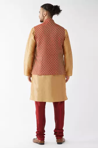 Rose Gold And Maroon Silk Blend Jacket, Kurta And Pyjama Set