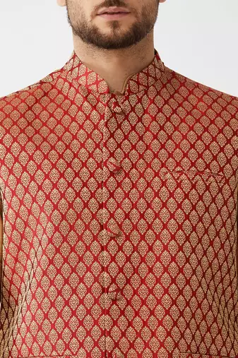 Rose Gold And Maroon Silk Blend Jacket, Kurta And Pyjama Set