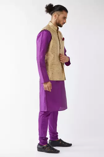 Rose Gold And Purple Silk Blend Jacket, Kurta And Pyjama Set