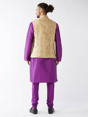 Rose Gold And Purple Silk Blend Jacket, Kurta And Pyjama Set 3