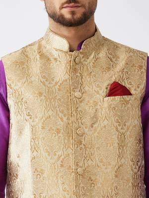 Rose Gold And Purple Silk Blend Jacket, Kurta And Pyjama Set 4