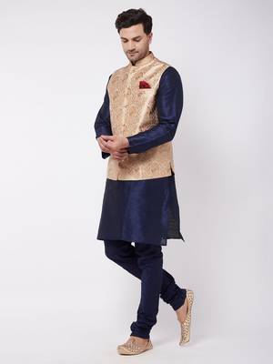 Rose Gold And Navy Blue Silk Blend Jacket, Kurta And Pyjama Set 2