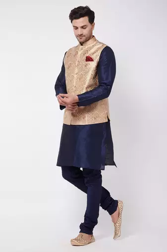 Rose Gold And Navy Blue Silk Blend Jacket, Kurta And Pyjama Set