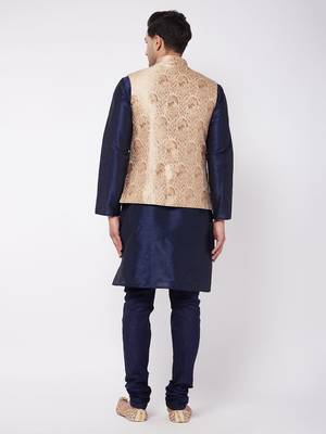 Rose Gold And Navy Blue Silk Blend Jacket, Kurta And Pyjama Set 3