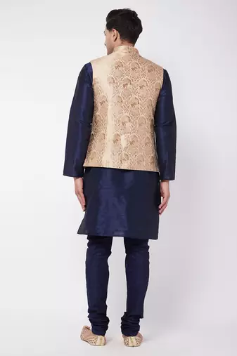 Rose Gold And Navy Blue Silk Blend Jacket, Kurta And Pyjama Set