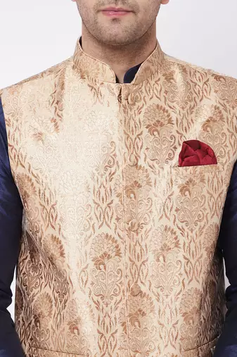 Rose Gold And Navy Blue Silk Blend Jacket, Kurta And Pyjama Set