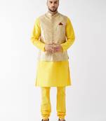 Rose Gold And Yellow Silk Blend Jacket, Kurta And Pyjama Set