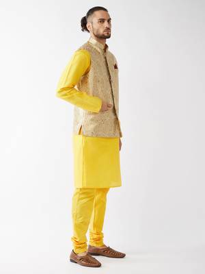 Rose Gold And Yellow Silk Blend Jacket, Kurta And Pyjama Set 2