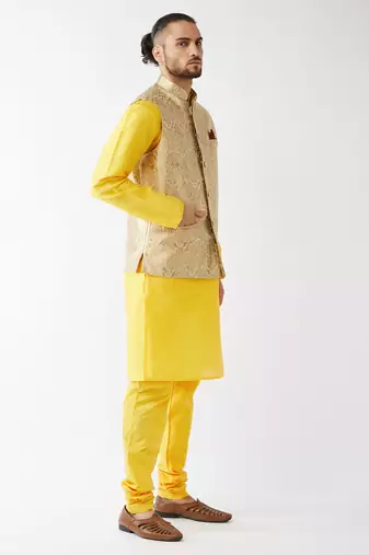 Rose Gold And Yellow Silk Blend Jacket, Kurta And Pyjama Set