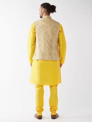 Rose Gold And Yellow Silk Blend Jacket, Kurta And Pyjama Set 3