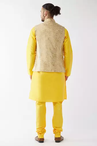 Rose Gold And Yellow Silk Blend Jacket, Kurta And Pyjama Set