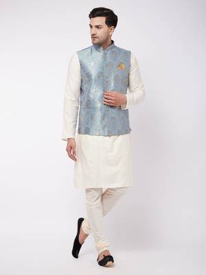 Cream And Grey Viscose Jacket, Kurta And Pyjama Set 1