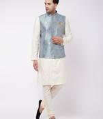 Men'S Cream And Grey Viscose Jacket, Kurta And Pyjama Set
