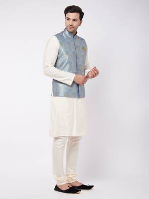 Cream And Grey Viscose Jacket, Kurta And Pyjama Set 2