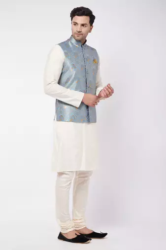 Cream And Grey Viscose Jacket, Kurta And Pyjama Set
