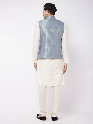 Cream And Grey Viscose Jacket, Kurta And Pyjama Set 3
