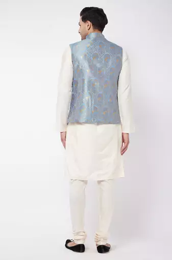 Cream And Grey Viscose Jacket, Kurta And Pyjama Set