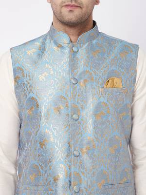 Cream And Grey Viscose Jacket, Kurta And Pyjama Set 4