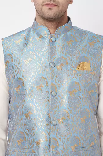 Cream And Grey Viscose Jacket, Kurta And Pyjama Set