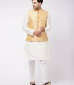 Maroon, Gold And Cream Silk Blend Jacket, Kurta And Pyjama Set