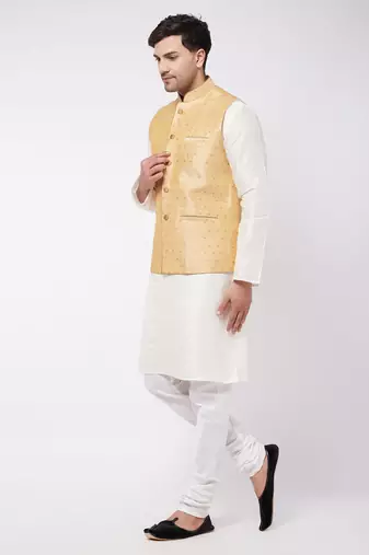 Maroon, Gold And Cream Silk Blend Jacket, Kurta And Pyjama Set