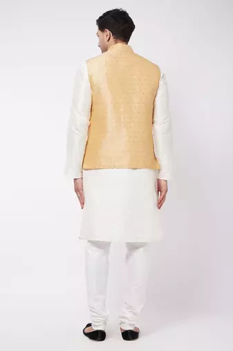Maroon, Gold And Cream Silk Blend Jacket, Kurta And Pyjama Set