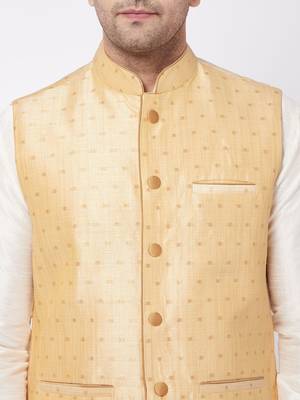 Maroon, Gold And Cream Silk Blend Jacket, Kurta And Pyjama Set 4