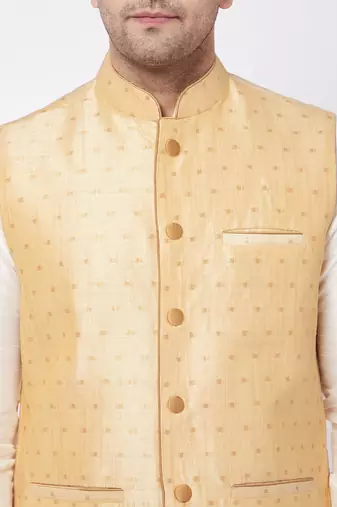 Maroon, Gold And Cream Silk Blend Jacket, Kurta And Pyjama Set