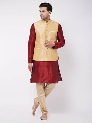 Maroon, Gold And Rose Gold Silk Blend Jacket, Kurta And Pyjama Set 1