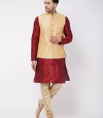 Men'S Maroon, Gold And Rose Gold Silk Blend Jacket, Kurta And Pyjama Set
